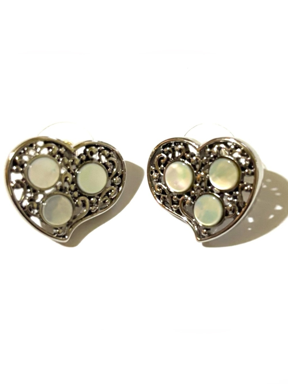 Vintage Silver Heart Earrings with Iridescent Mother-of-Pearl Discs